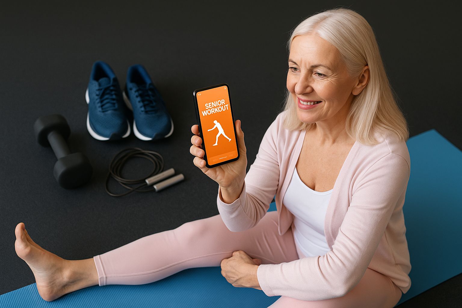 Äldre kvinna använder träningsapp på surfplatta, med text "Workout Progress"
