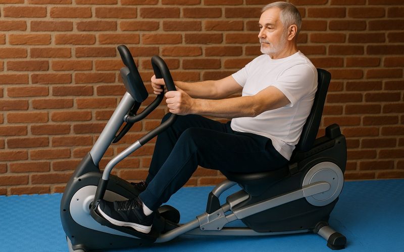 Äldre man tränar armstyrka med hantlar på gymmet