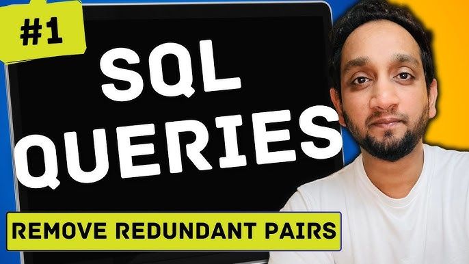 Man vid skärm med text "SQL QUERIES" och "REMOVE REDUNDANT PAIRS".